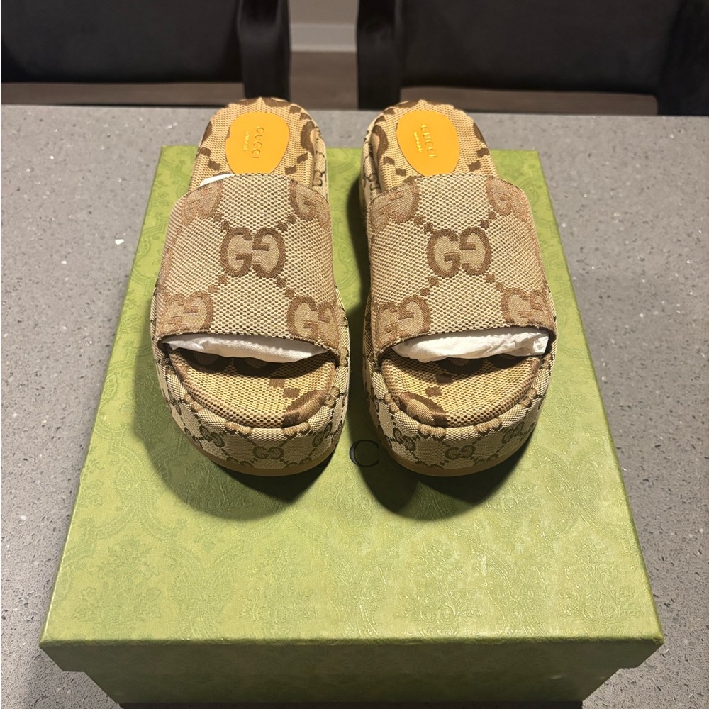 Gucci Women's Tan Monogram Platform Sandals - Picture 2 of 6